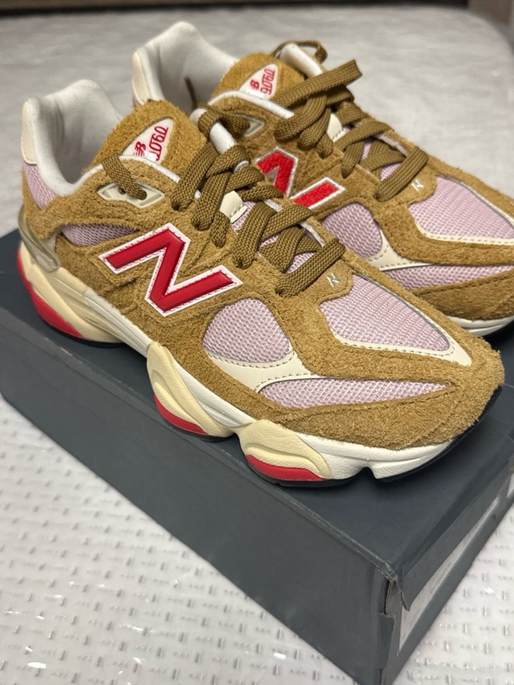 New Balance Pink & Tan Suede Mesh Sneakers with Red N Logo